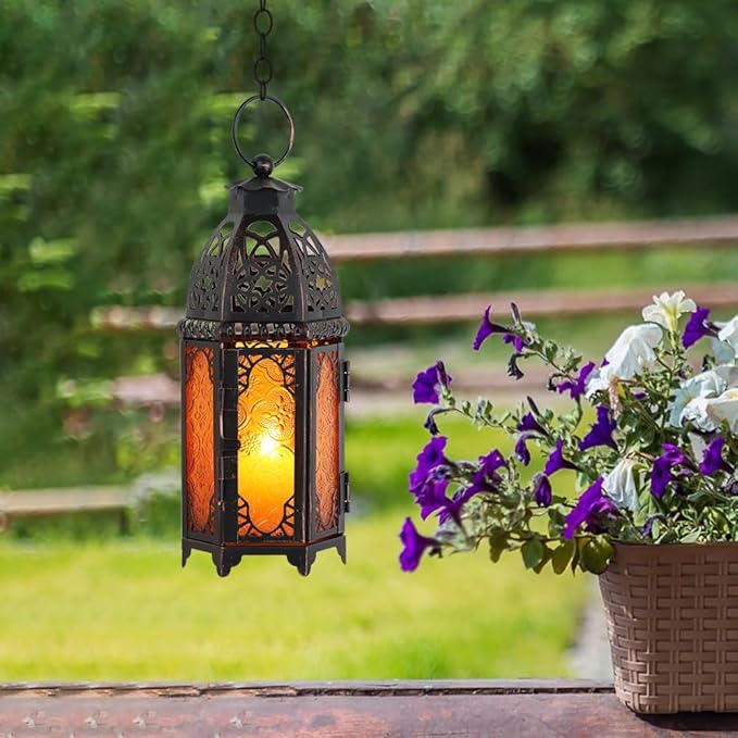 11'' Lanterns Decorative Indoor & Outdoor, Vintage Christmas Candle Holder, Metal Lanterns Decorative, Table, Patio, Porch, Shelf, Christmas Spring Halloween Home Decor (Amber)