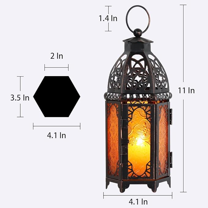 11'' Lanterns Decorative Indoor & Outdoor, Vintage Christmas Candle Holder, Metal Lanterns Decorative, Table, Patio, Porch, Shelf, Christmas Spring Halloween Home Decor (Amber)