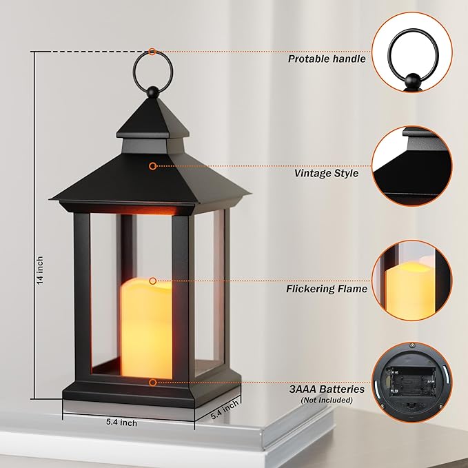 14" Lanterns Decorative Indoor, Black Lantern Decor with Timer Flameless Candle, Vintage Farmhouse Outdoor Lanterns, Waterproof Hanging Lantern for Patio, Porch, Entryway, Centerpieces