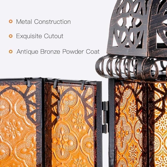 11'' Lanterns Decorative Indoor & Outdoor, Vintage Christmas Candle Holder, Metal Lanterns Decorative, Table, Patio, Porch, Shelf, Christmas Spring Halloween Home Decor (Amber)