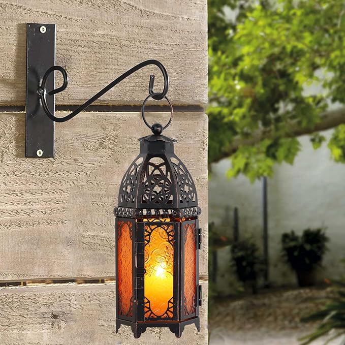 11'' Lanterns Decorative Indoor & Outdoor, Vintage Christmas Candle Holder, Metal Lanterns Decorative, Table, Patio, Porch, Shelf, Christmas Spring Halloween Home Decor (Amber)
